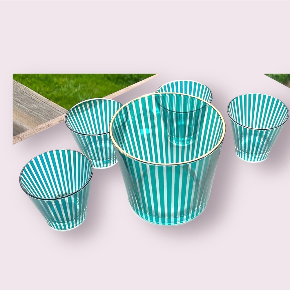 Mid Century Jeanette Glass Barware Lowball & Wine Ice Bucket Set